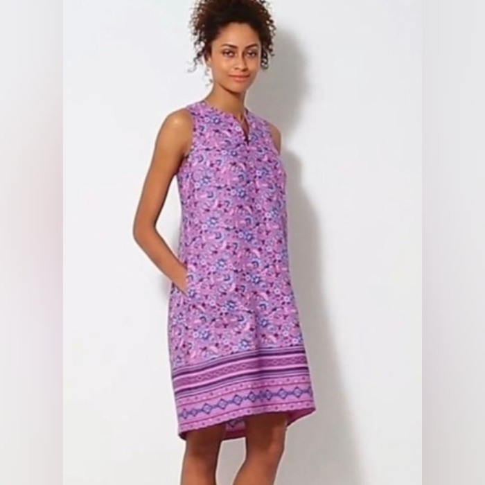 J. Jill Sleeveless Love Linen Floral Sheath Dress Size Small Pink Blue Pockets